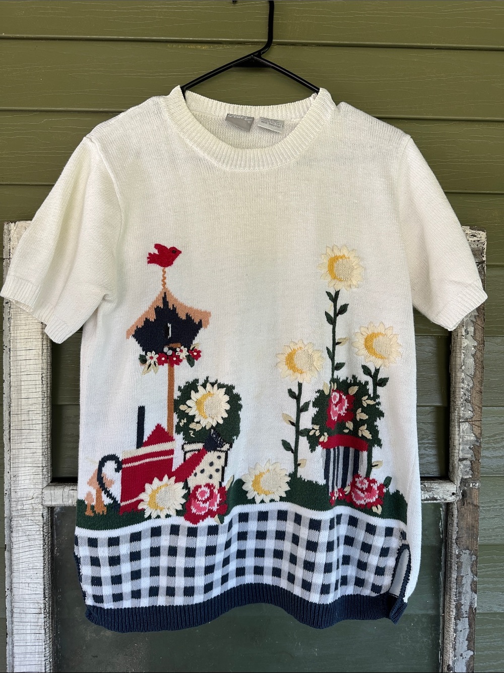Blair White Knit Short-Sleeve Top with Floral & Birdhouse Motif